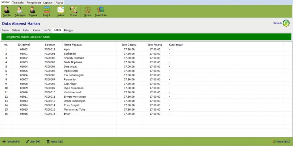 Tampilan Menu Jadwal Absensi Pegawai