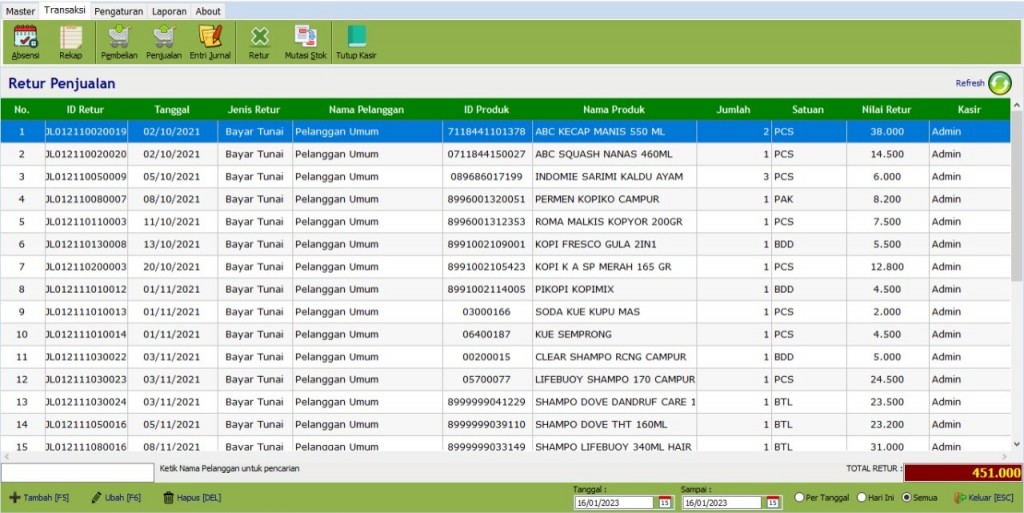Tampilan Menu Retur Penjualan