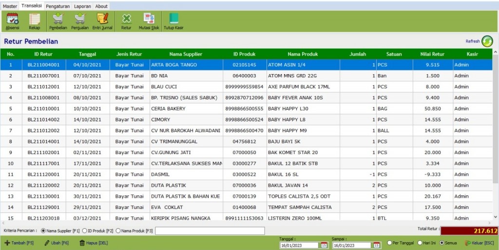 Tampilan Menu Retur Pembelian