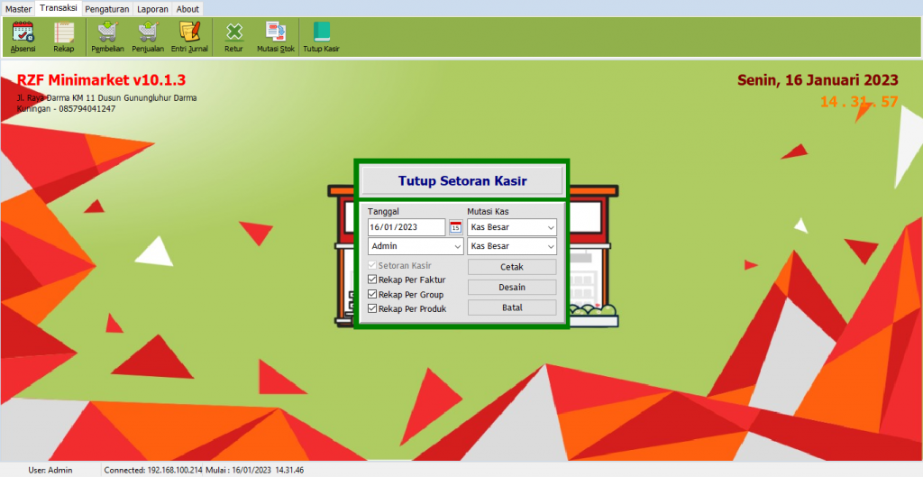 Tampilan Menu Tutup Kasir