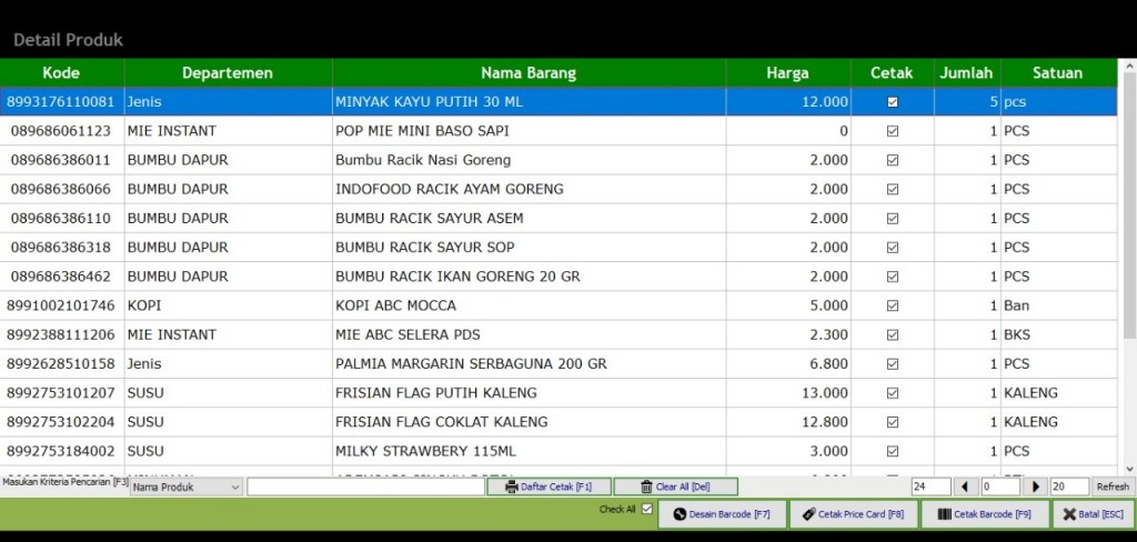 Tampilan Menu Cetak Barcode dan Price Card